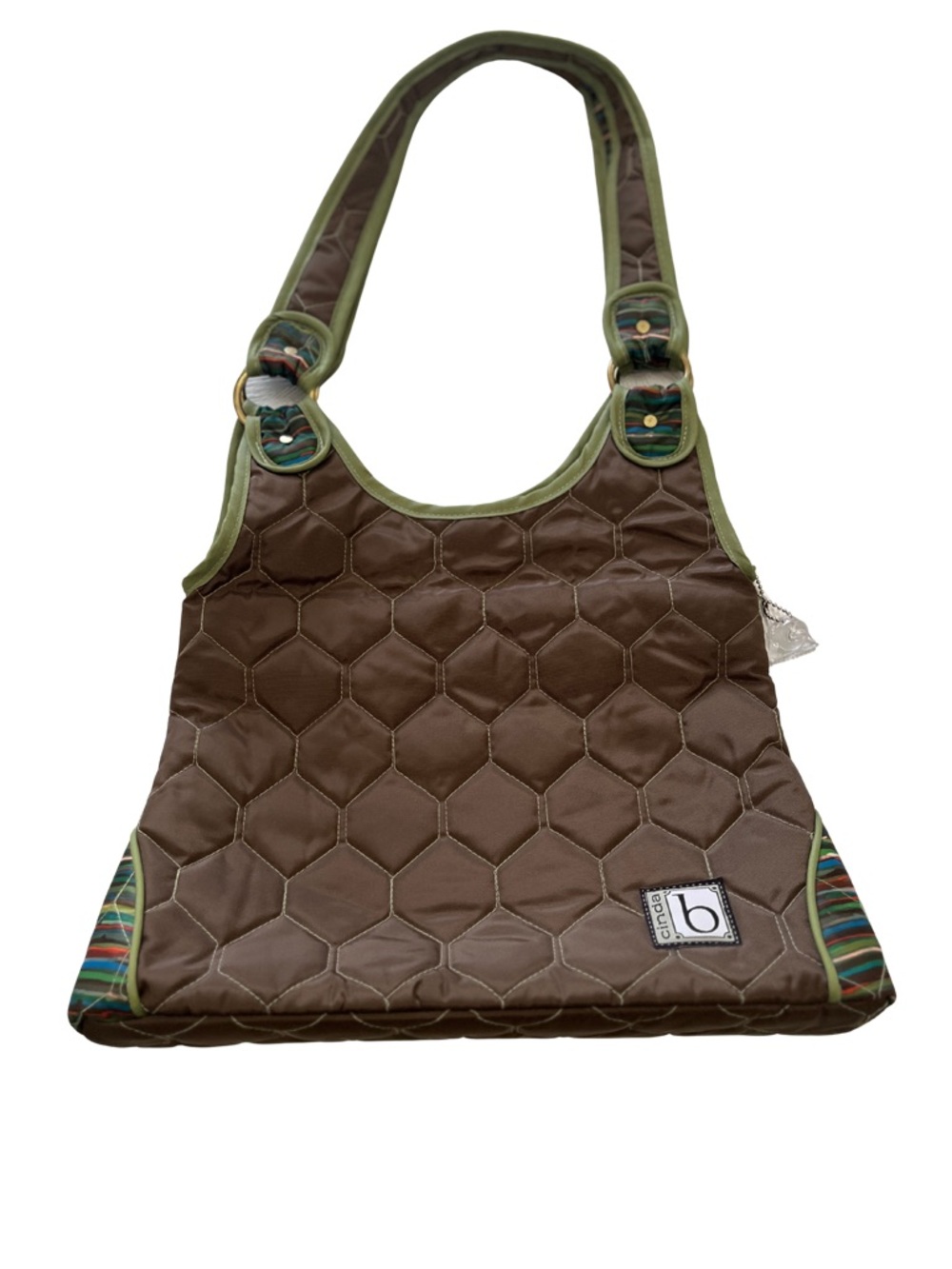 Cinda B quilted shoulder bag quilted honeycomb pattern striped interior lining